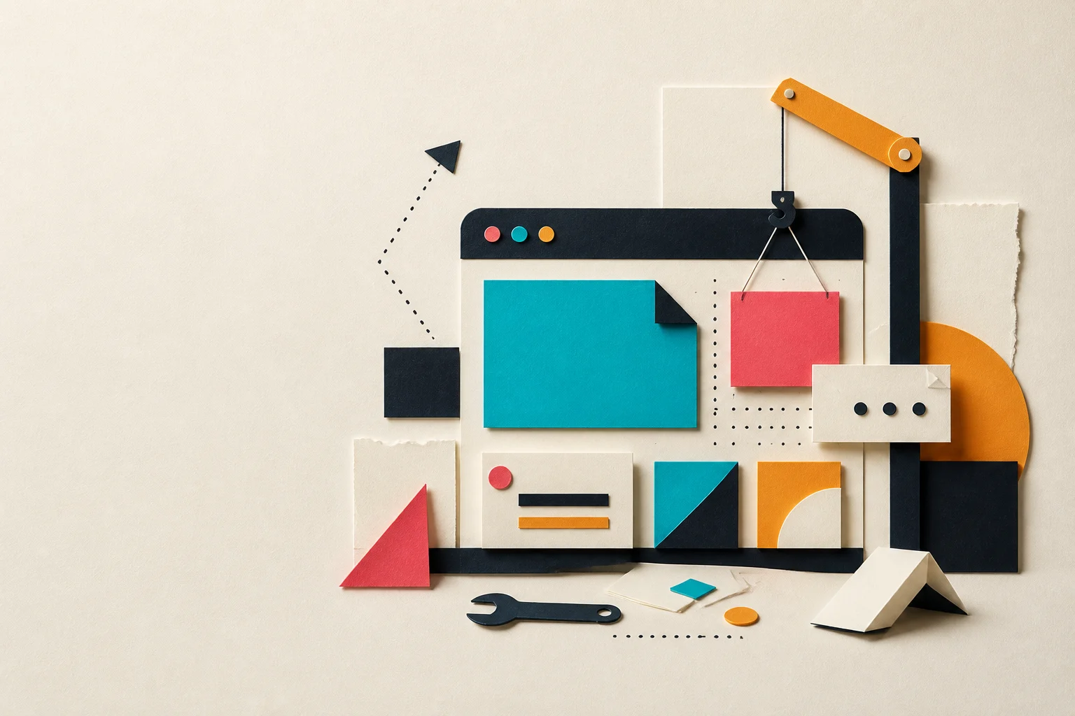 Composición de papel con una interfaz digital que está siendo construida con piezas geométricas.